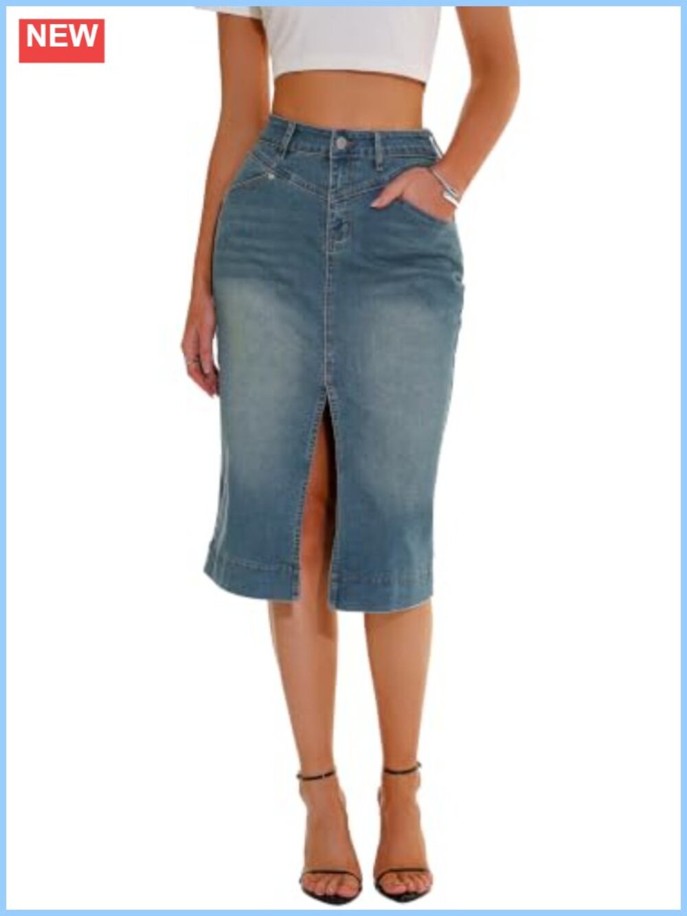 High Waisted Denim Midi Pencil Skirt with Front Slit & Pockets
